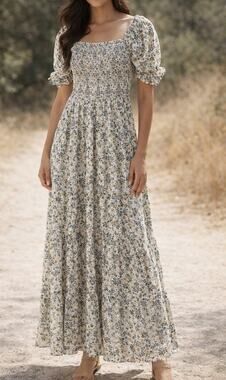Max Studio Floral Print Puff Sleeve Smocked Tiered Maxi Sundress Green Large